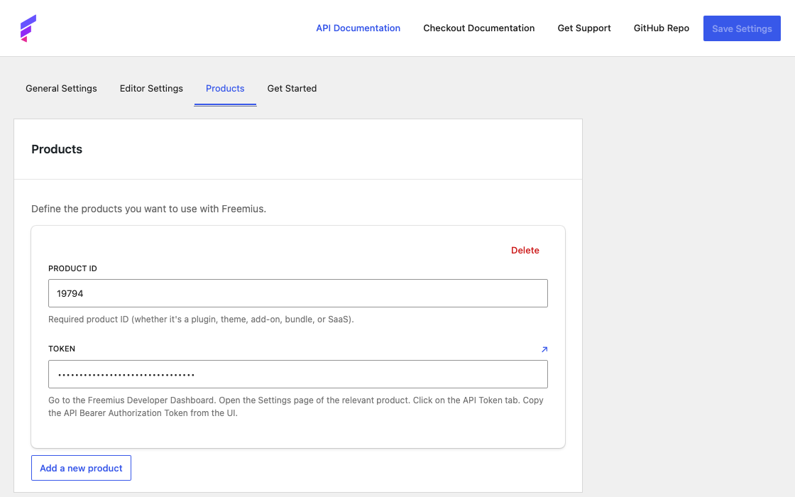 Freemius Products settings tab