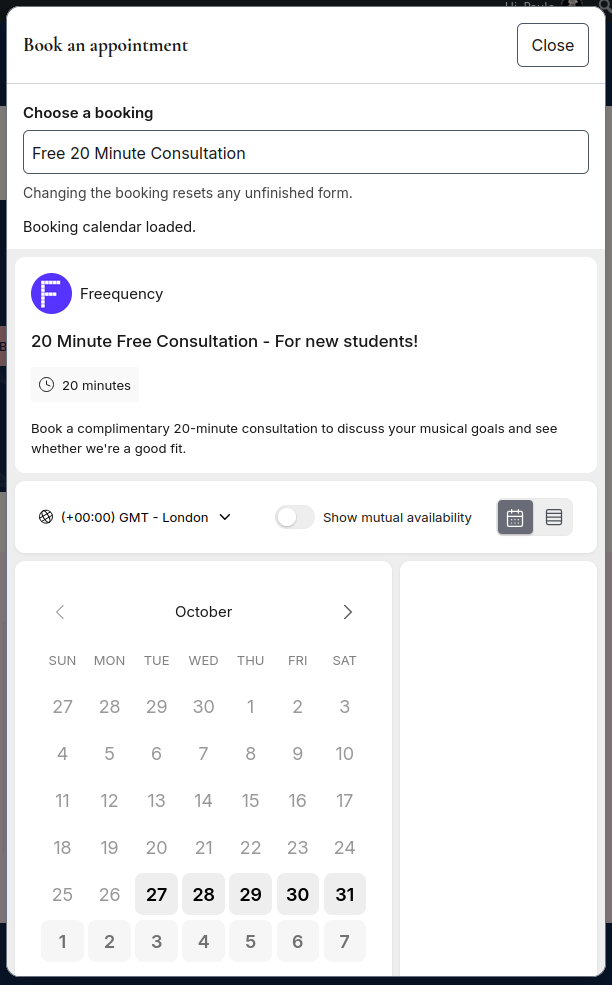 Open booking widget with loaded TidyCal booking page