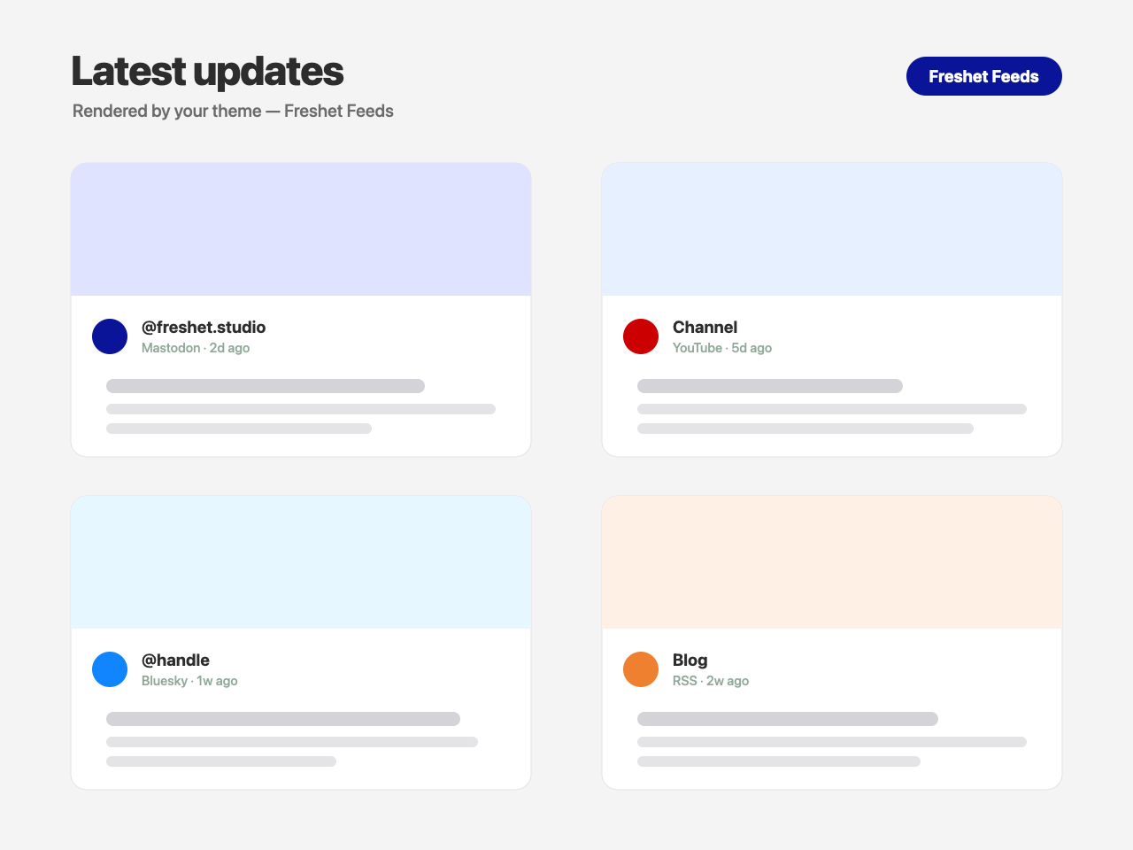 A feed rendered by your own theme — YouTube, RSS and Bluesky items normalized into one grid.