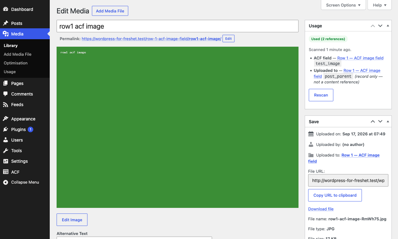 The Usage box on a used file's Edit Media screen lists the evidence: an ACF field reference counts, the upload record is shown but never counts.