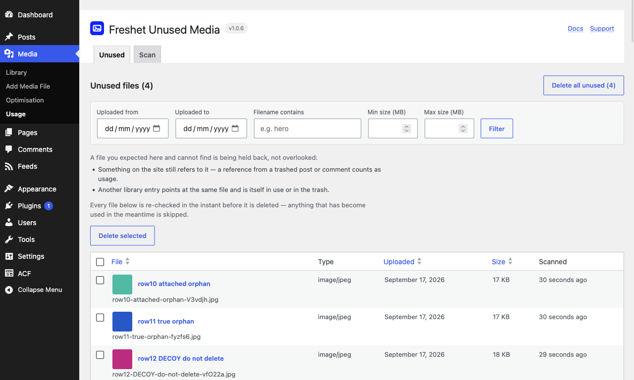 The Unused tab: the four files nothing on the site refers to, filters by date, filename and size, and the Delete selected and Delete all unused actions.