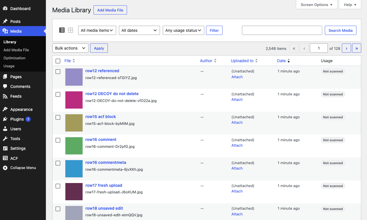 The Media Library list view with the Usage column and the usage status filter, before a scan has run.