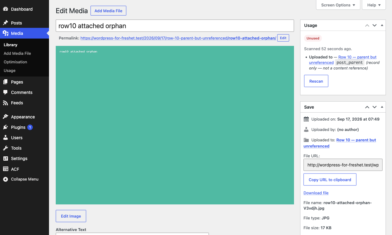 The Usage box on an unused file's Edit Media screen: nothing refers to it, the upload record is information only, and Rescan checks it again.