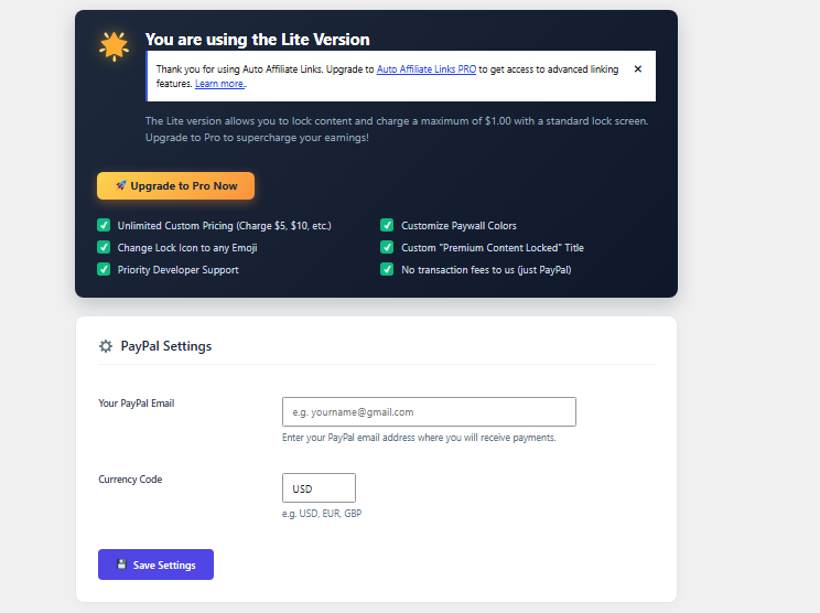 The Content Unlocker Settings Page where you configure your PayPal Email.