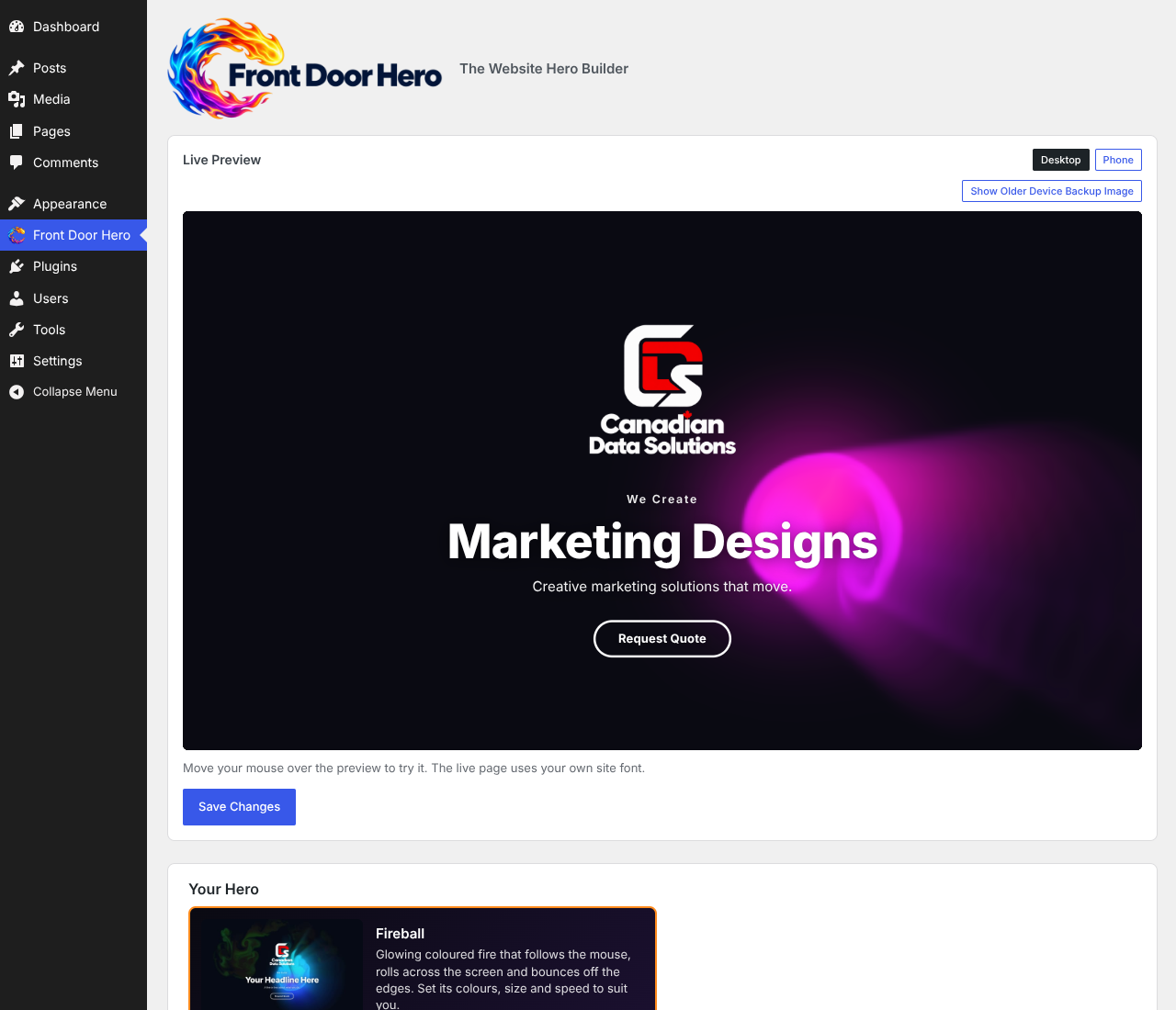 The settings screen: the live preview at the top, with the hero choice under it
