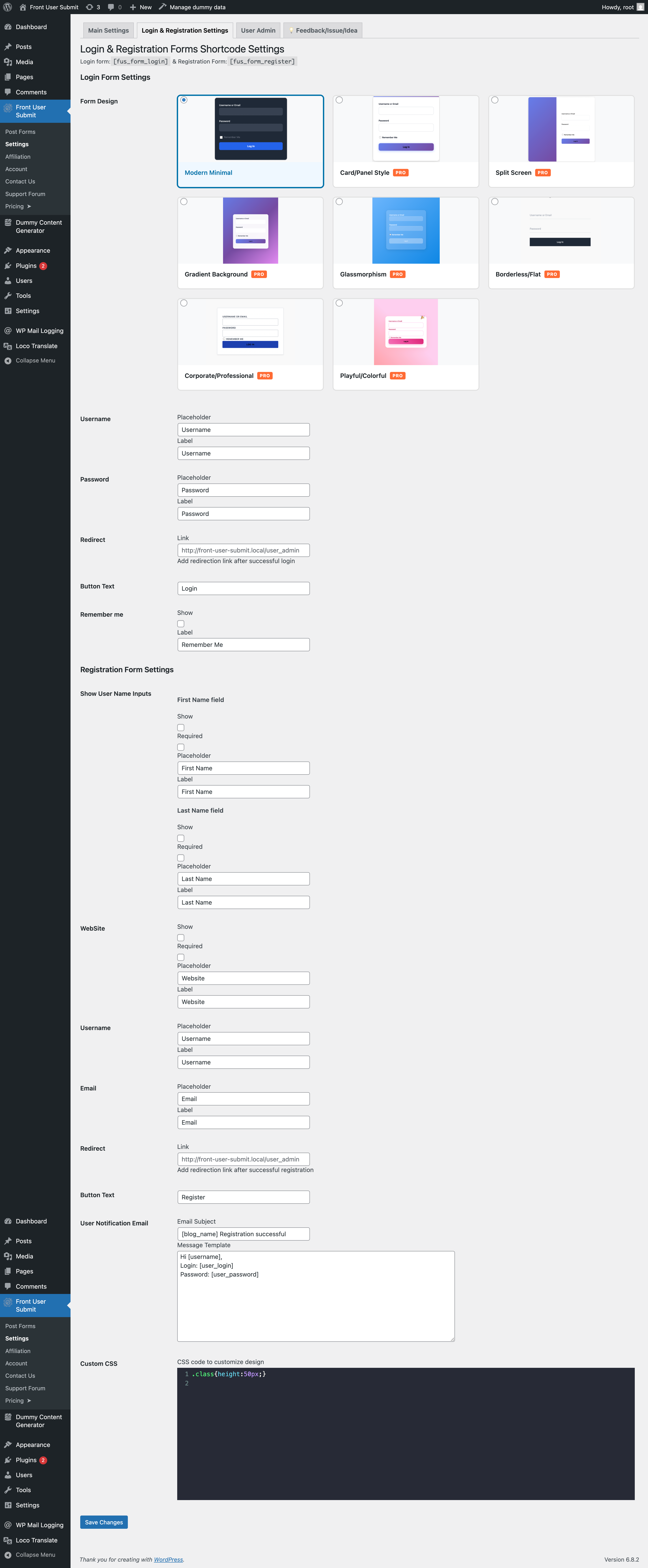 Login/Registrations shortcode settings