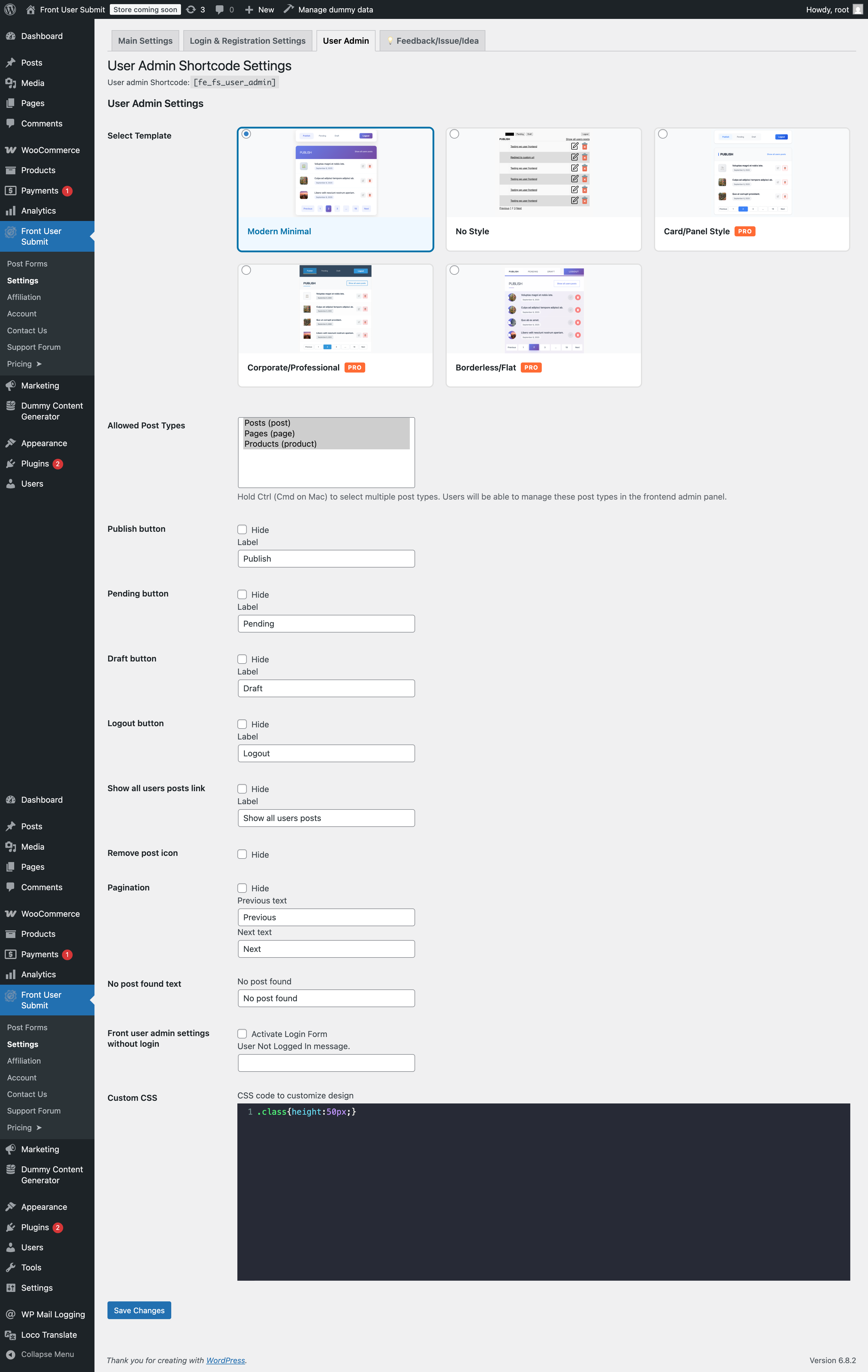 User admin shortcode settings