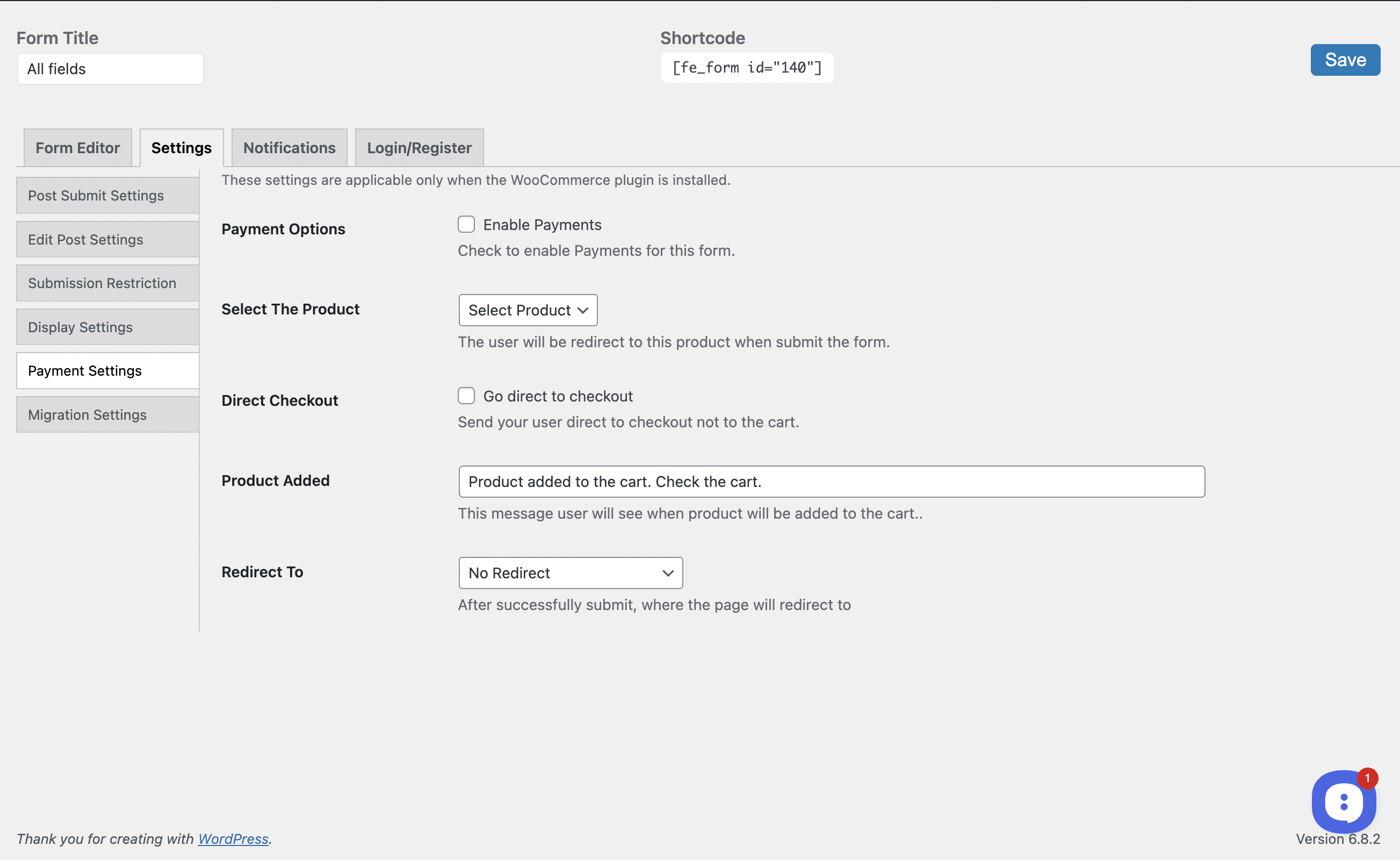 Form post payment settings with WooCommerce integration