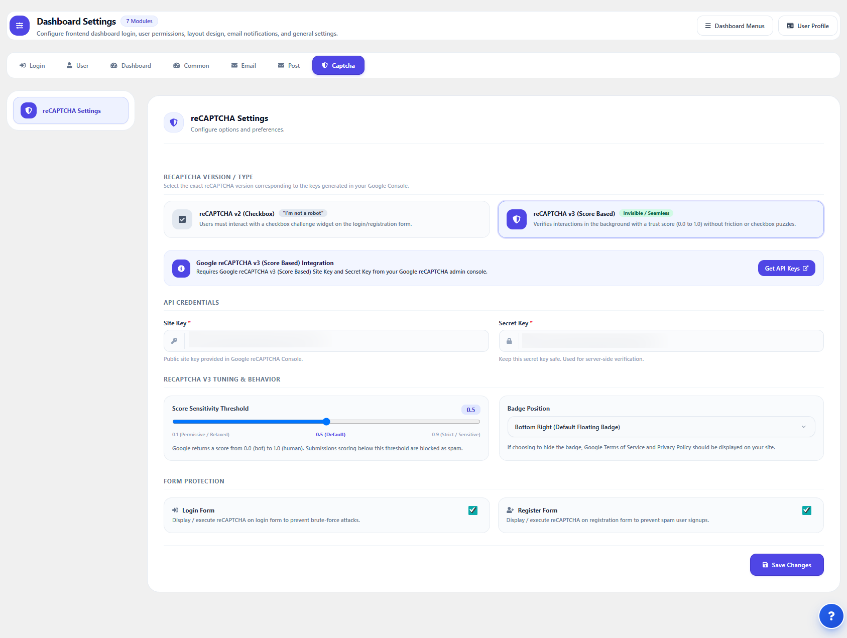 Frontend Dashboard Captcha Configuration