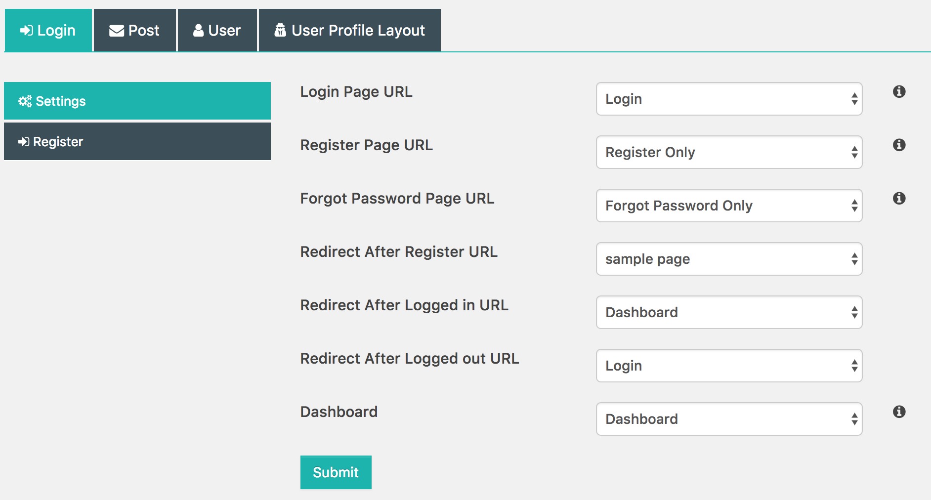 Frontend Dashboard Settings | Login | Settings