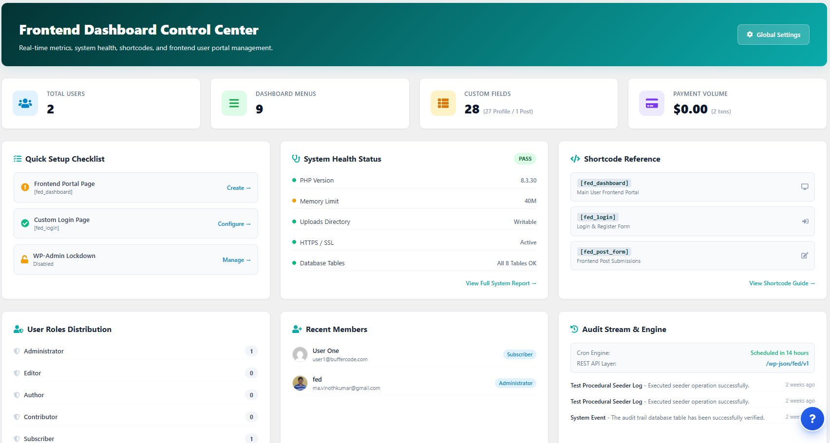 Frontend Dashboard Control Center.