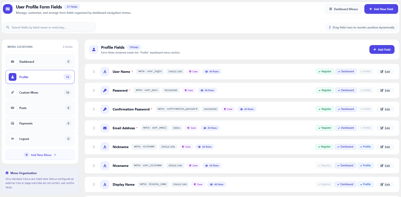 User Profile fields
