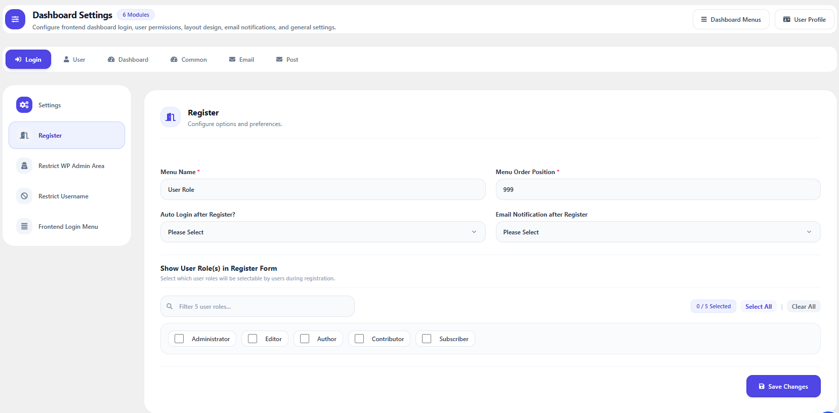 Frontend Dashboard Settings — Register