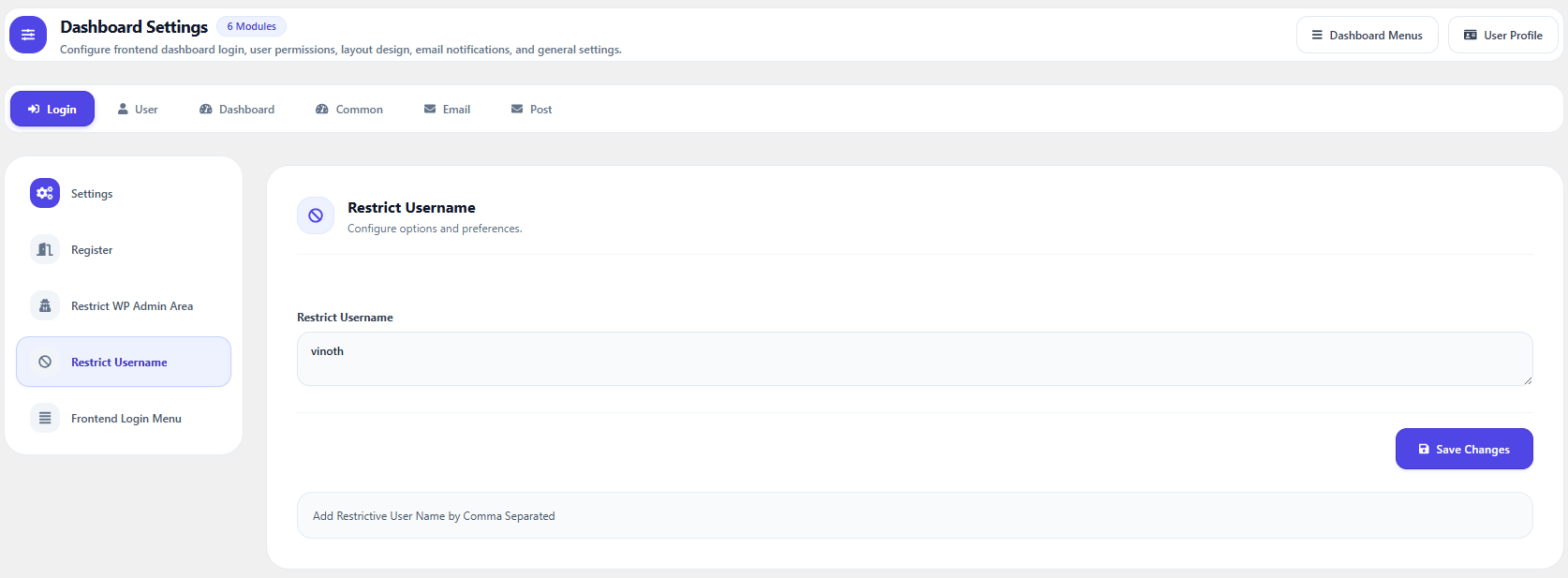 Frontend Dashboard Settings — Restrict Username