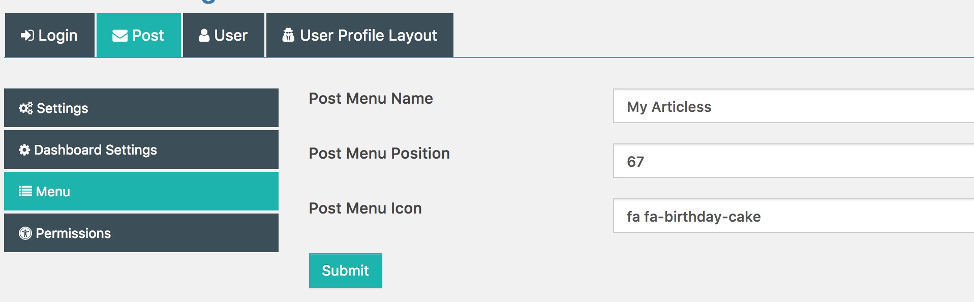 Frontend Dashboard Settings | Post | Menu