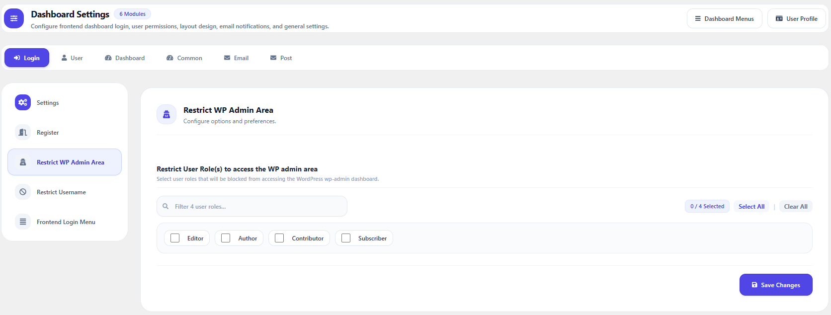 Frontend Dashboard Settings — Restrict WP Admin area