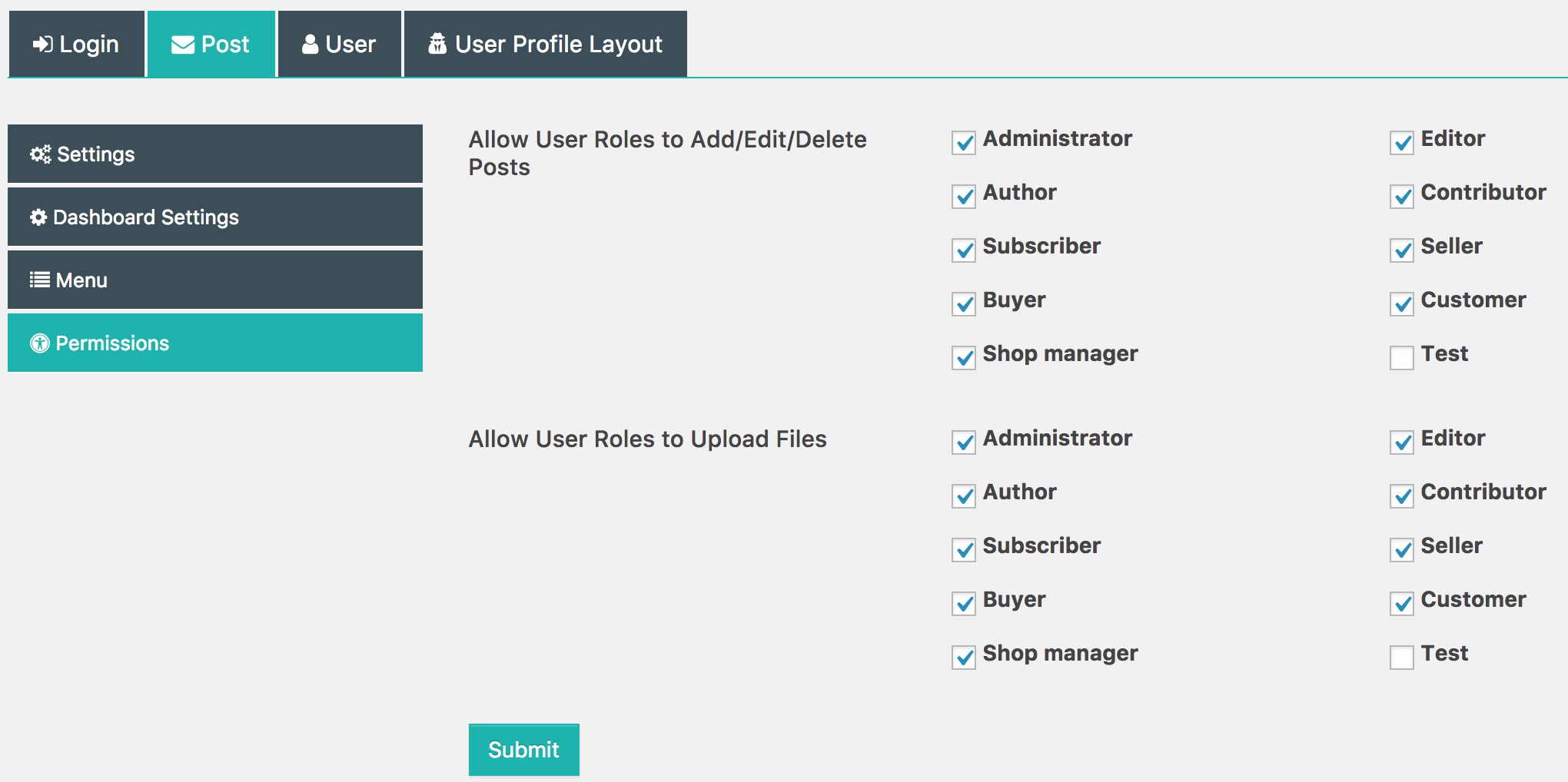 Frontend Dashboard Settings | Post | Permission