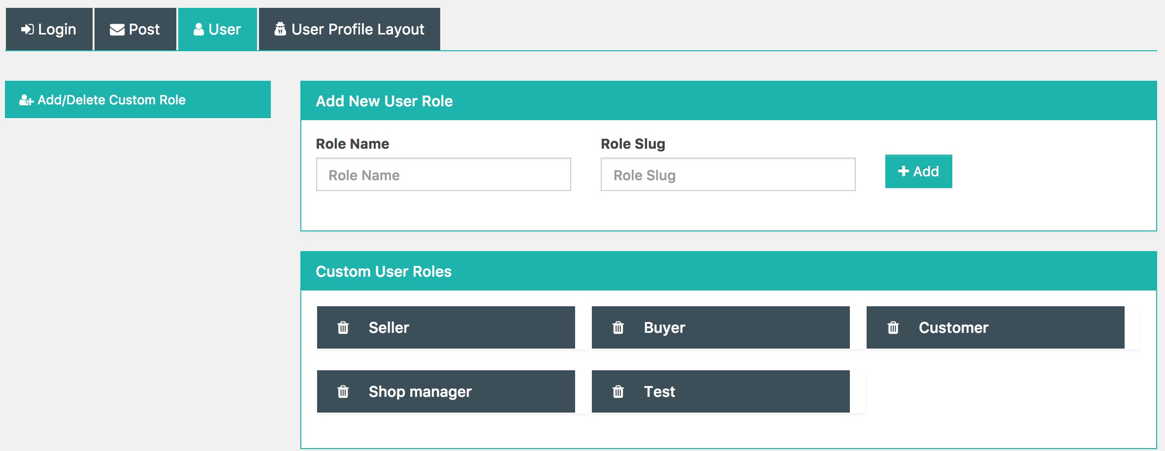 Frontend Dashboard Settings | User | Add/Delete Custom Role