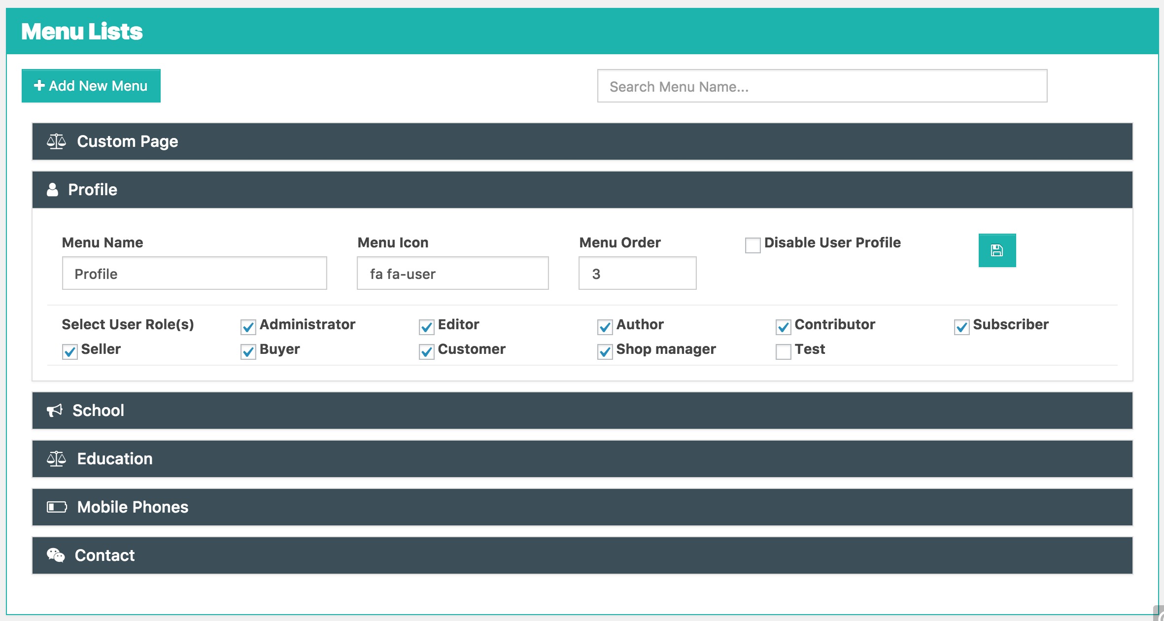 Dashboard Menu