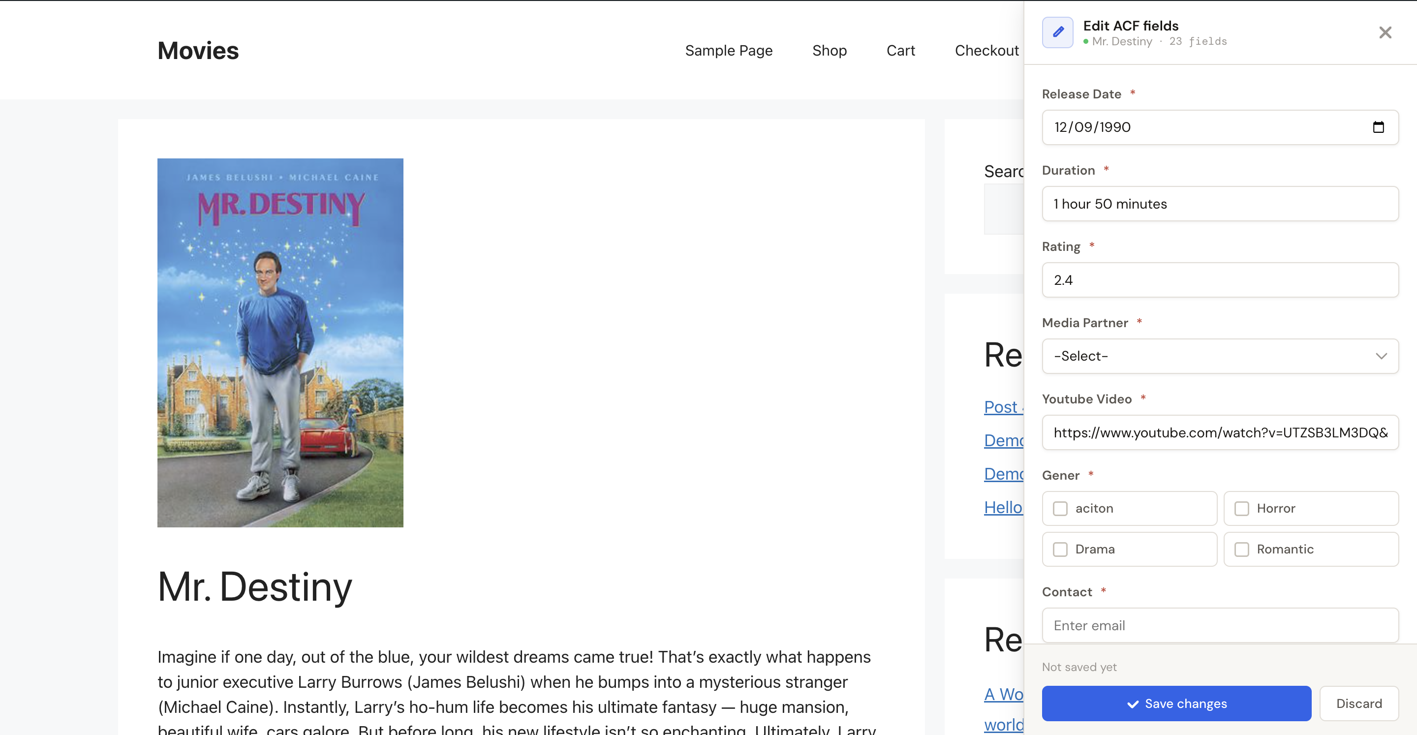Editor panel open on the frontend — edit ACF field values directly from the live page without going to wp-admin