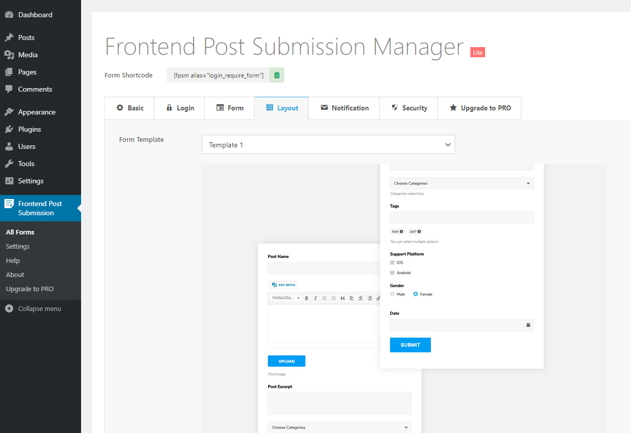 Frontend Post Submission Backend Layout Settings