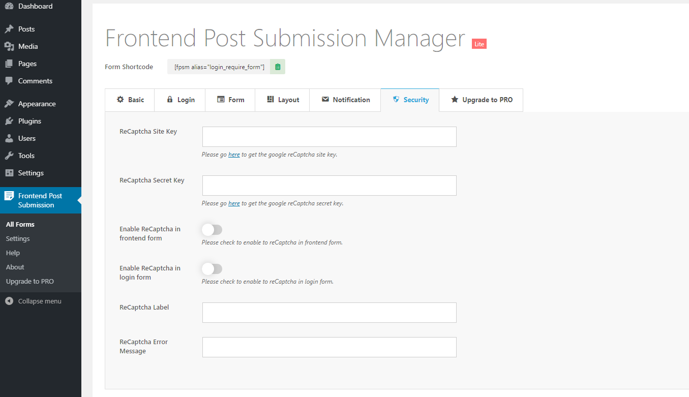 Frontend Post Submission Backend Security Settings