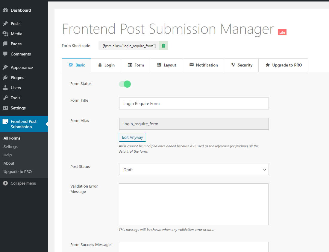 Frontend Post Submission Backend Basic Settings