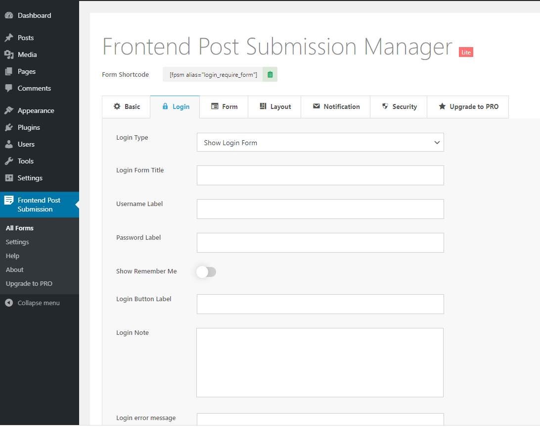 Frontend Post Submission Backend Login Settings