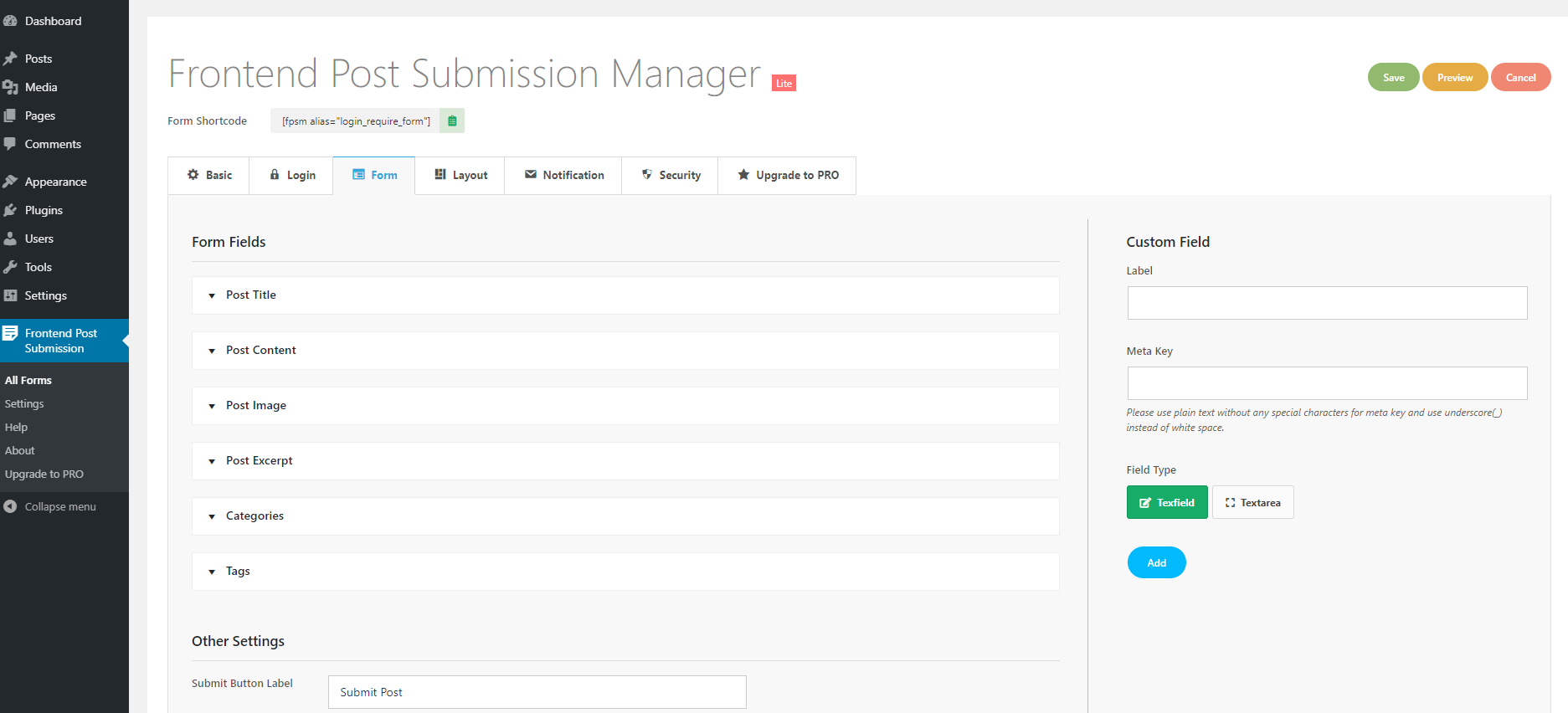 Frontend Post Submission Backend Form Settings