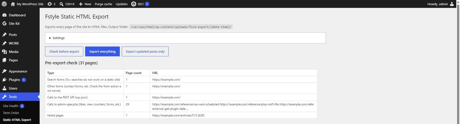 The pre-export check listing forms and other parts that do not work on a static site.