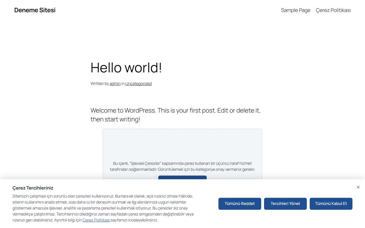 Consent banner with equal Accept / Reject / Preferences buttons.