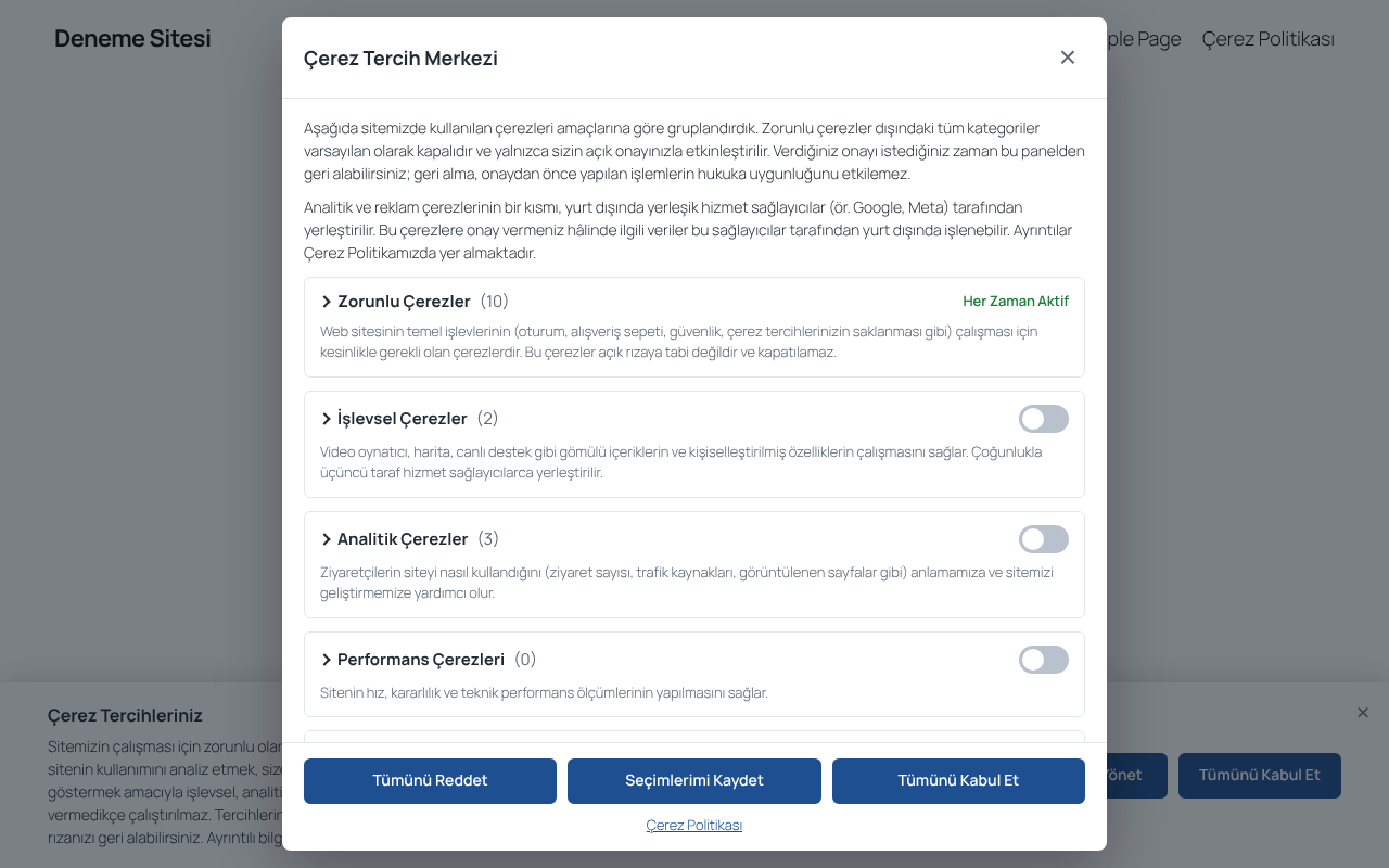 Preference center with cookie categories.