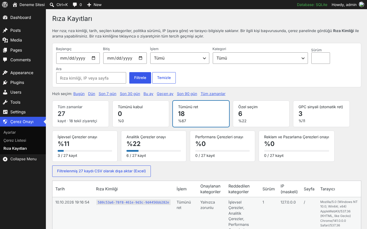 Consent records with date range filter.