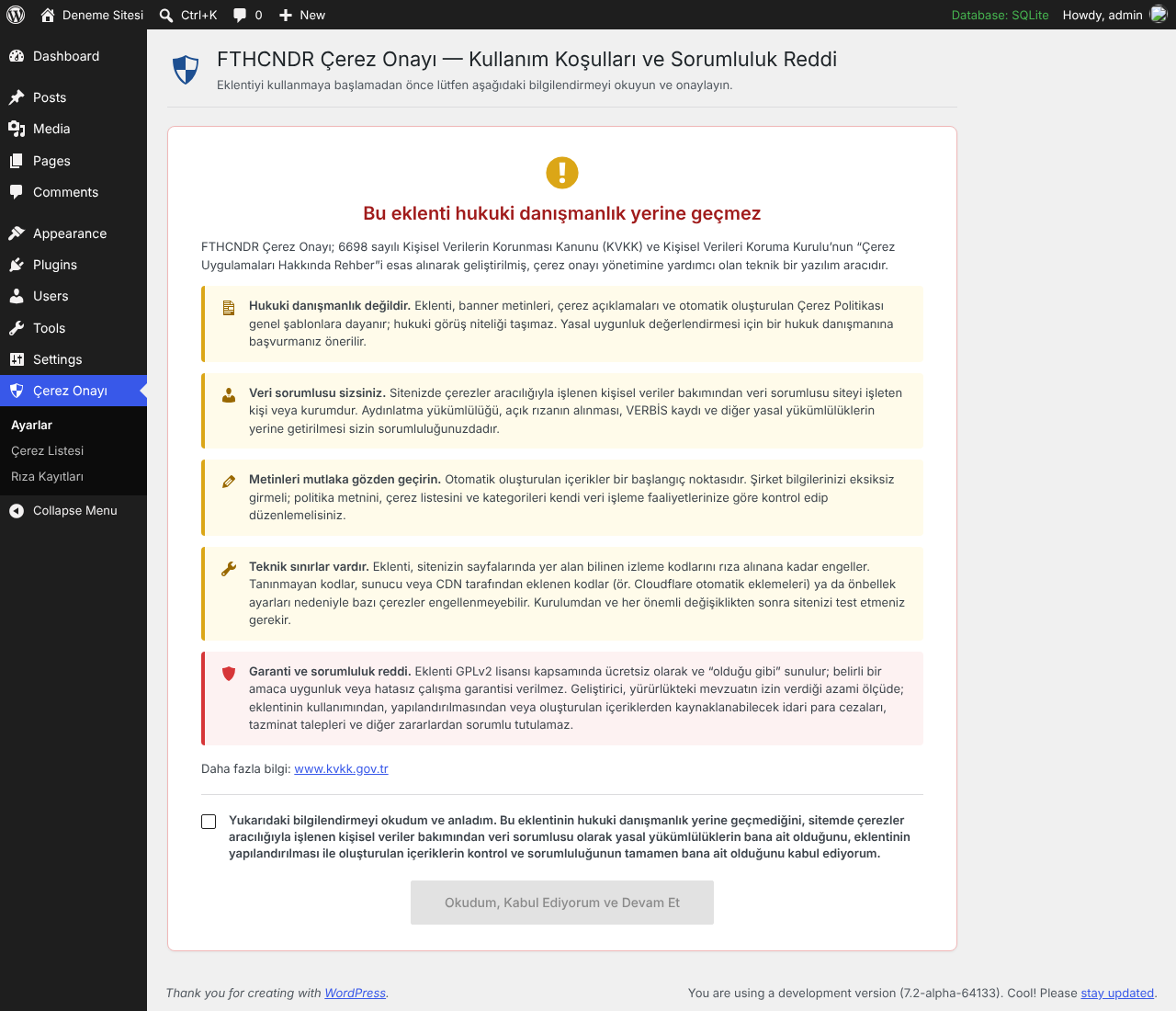 Terms of use and disclaimer screen shown before the settings.