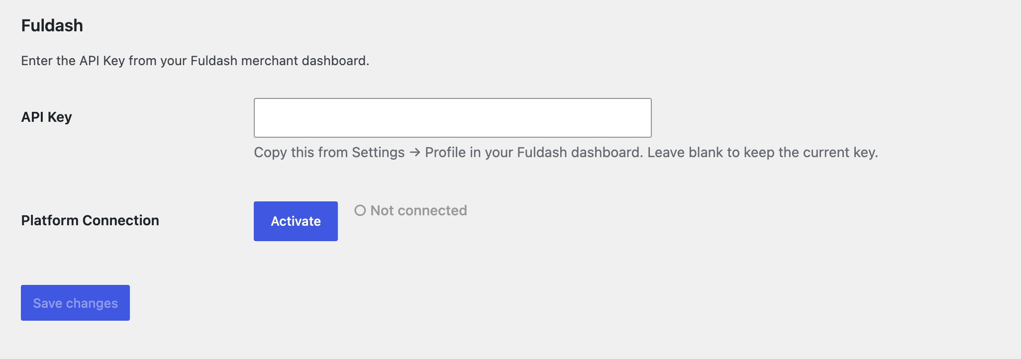The Fuldash settings tab under WooCommerce → Settings, showing the API Key
field and Activate / Deactivate button with connection status.