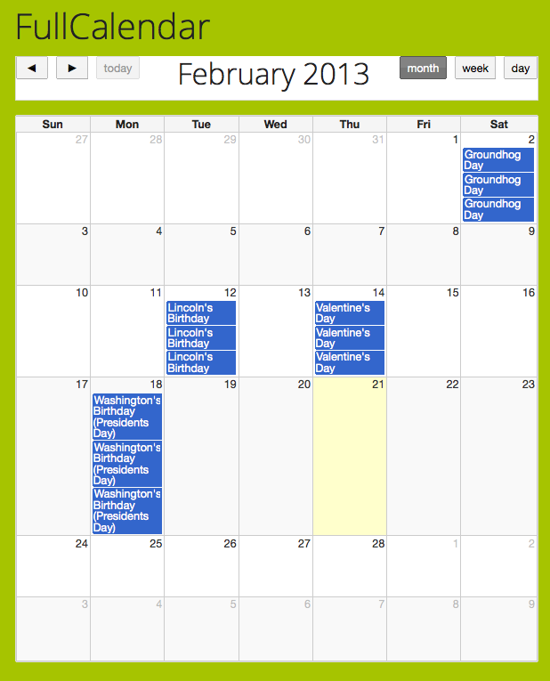This is the front end view of the calendar on the page.