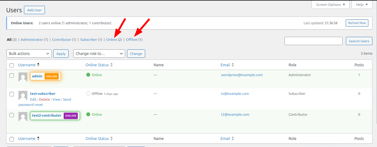 Users list page showing highlighted online users with visual indicators