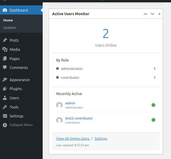 Dashboard widget displaying online users summary