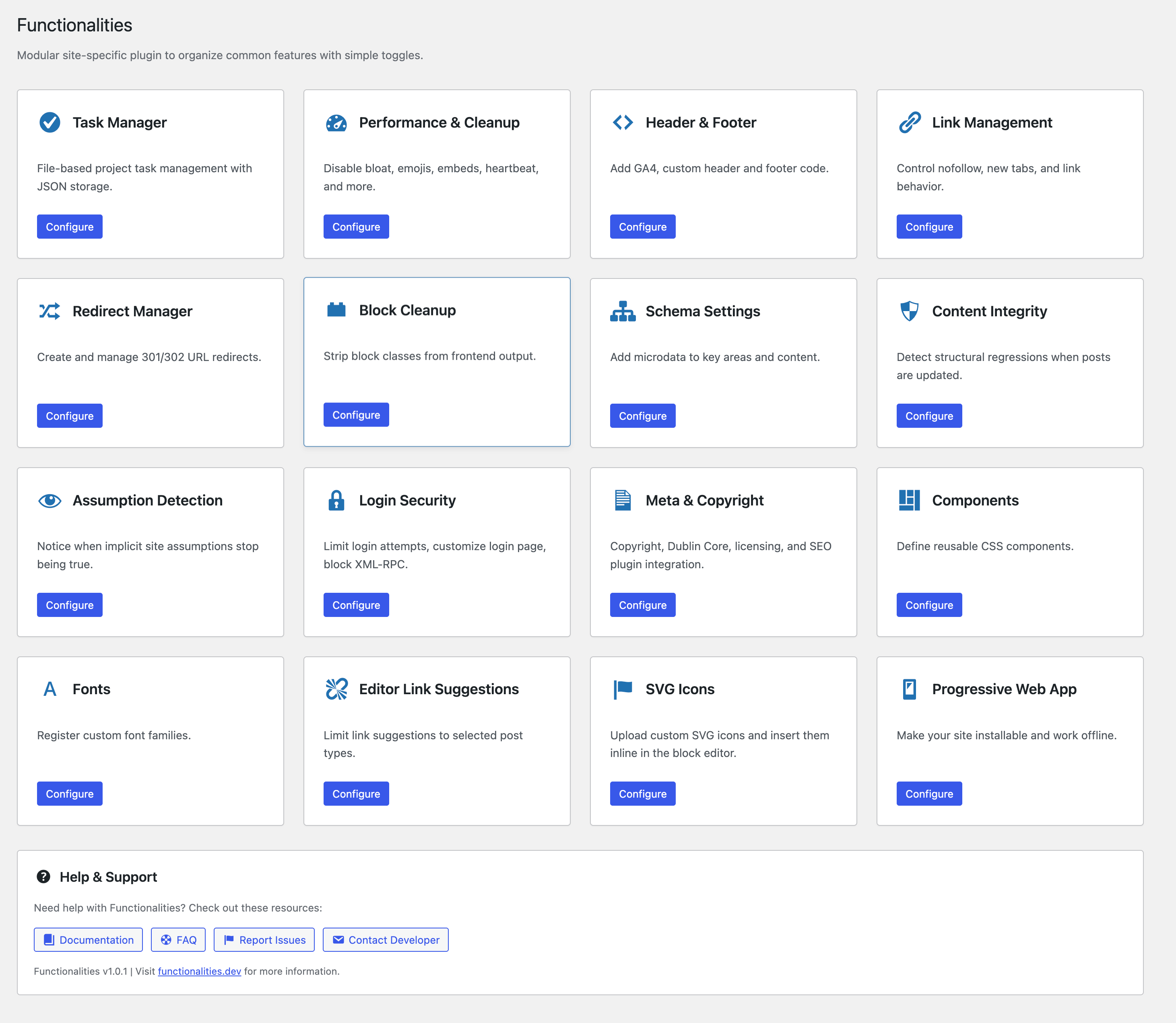 Dashboard overview with module cards