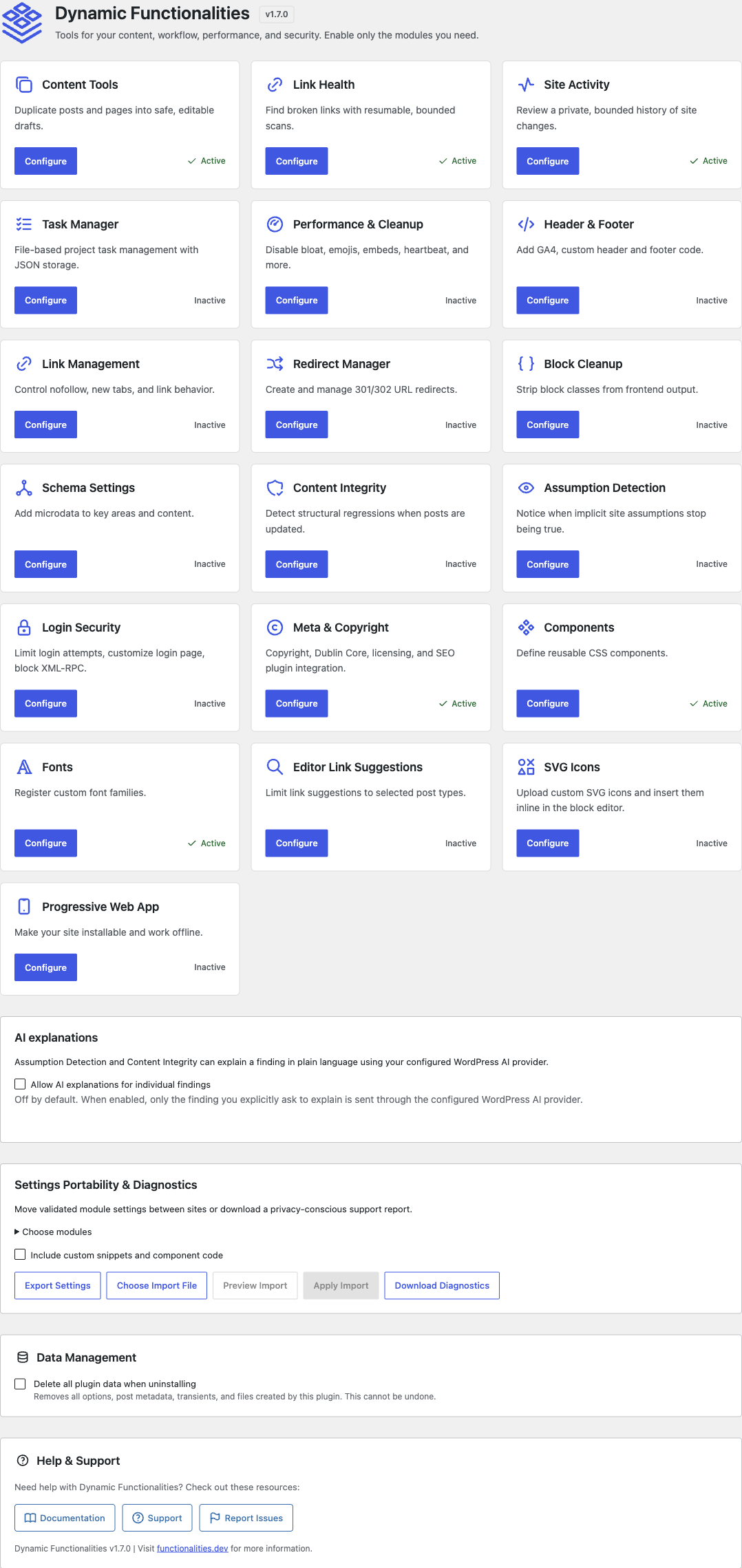 Dashboard overview with module cards