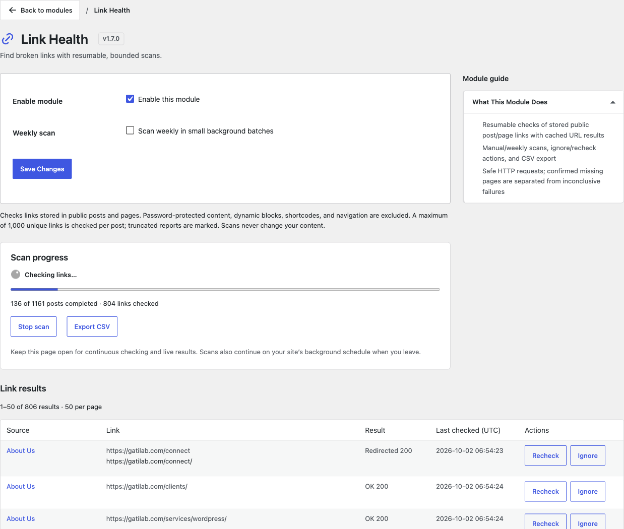 Link Health live scan progress and results