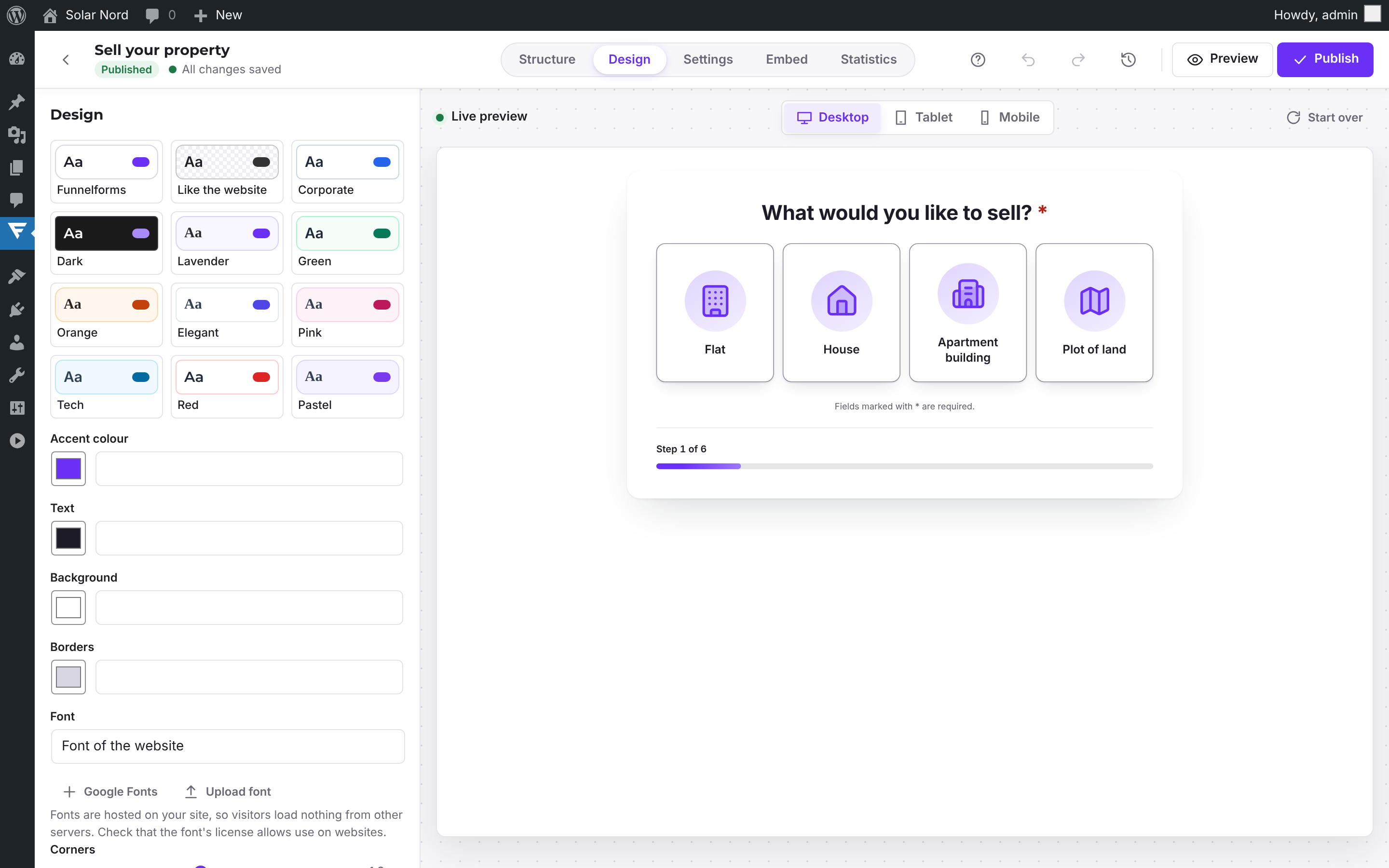 Design with a live preview on desktop, tablet and phone: theme, colours, fonts and answer layout.