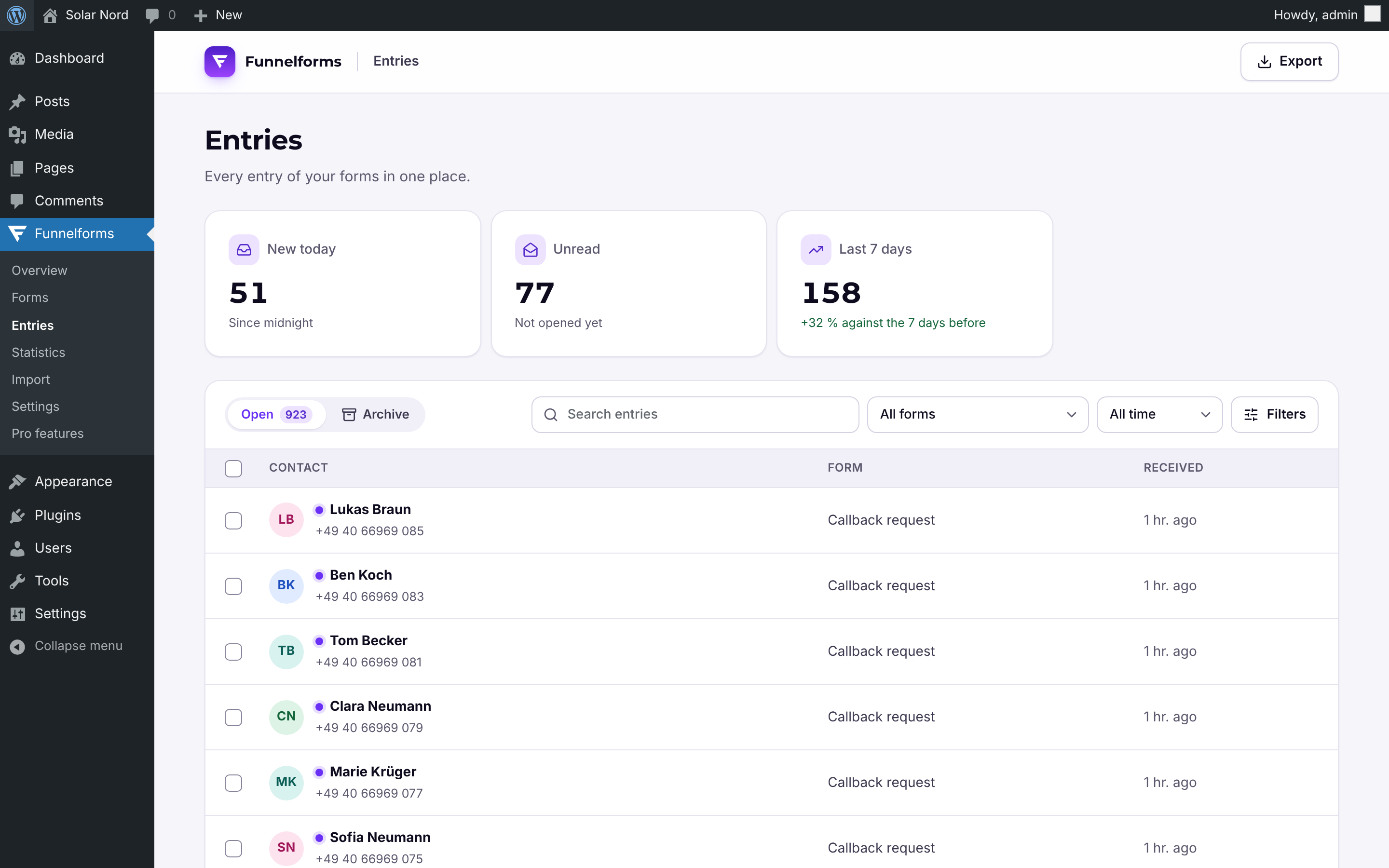 Every lead in one place: entries with search, filters and CSV export.