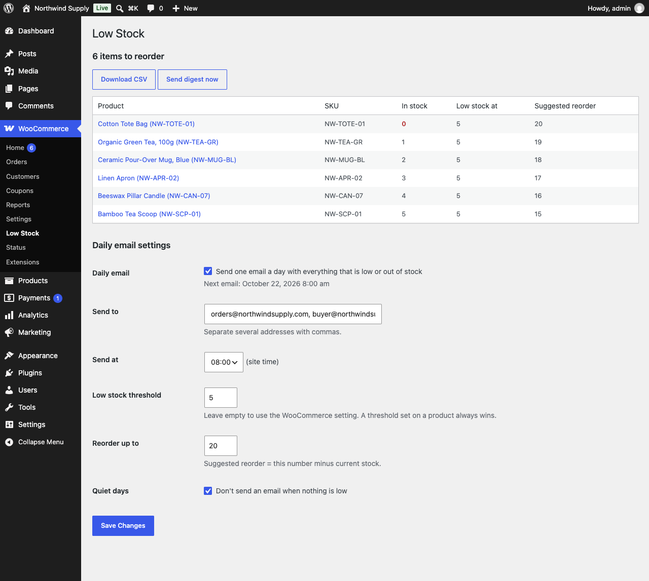 The reorder list under WooCommerce > Low Stock.