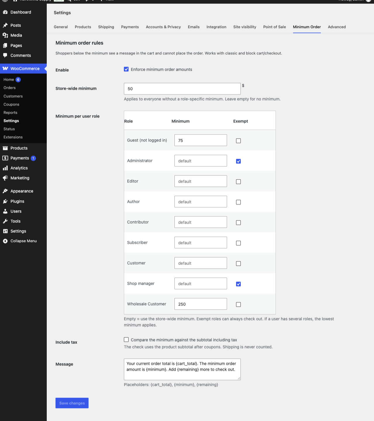Settings under WooCommerce > Settings > Minimum Order.