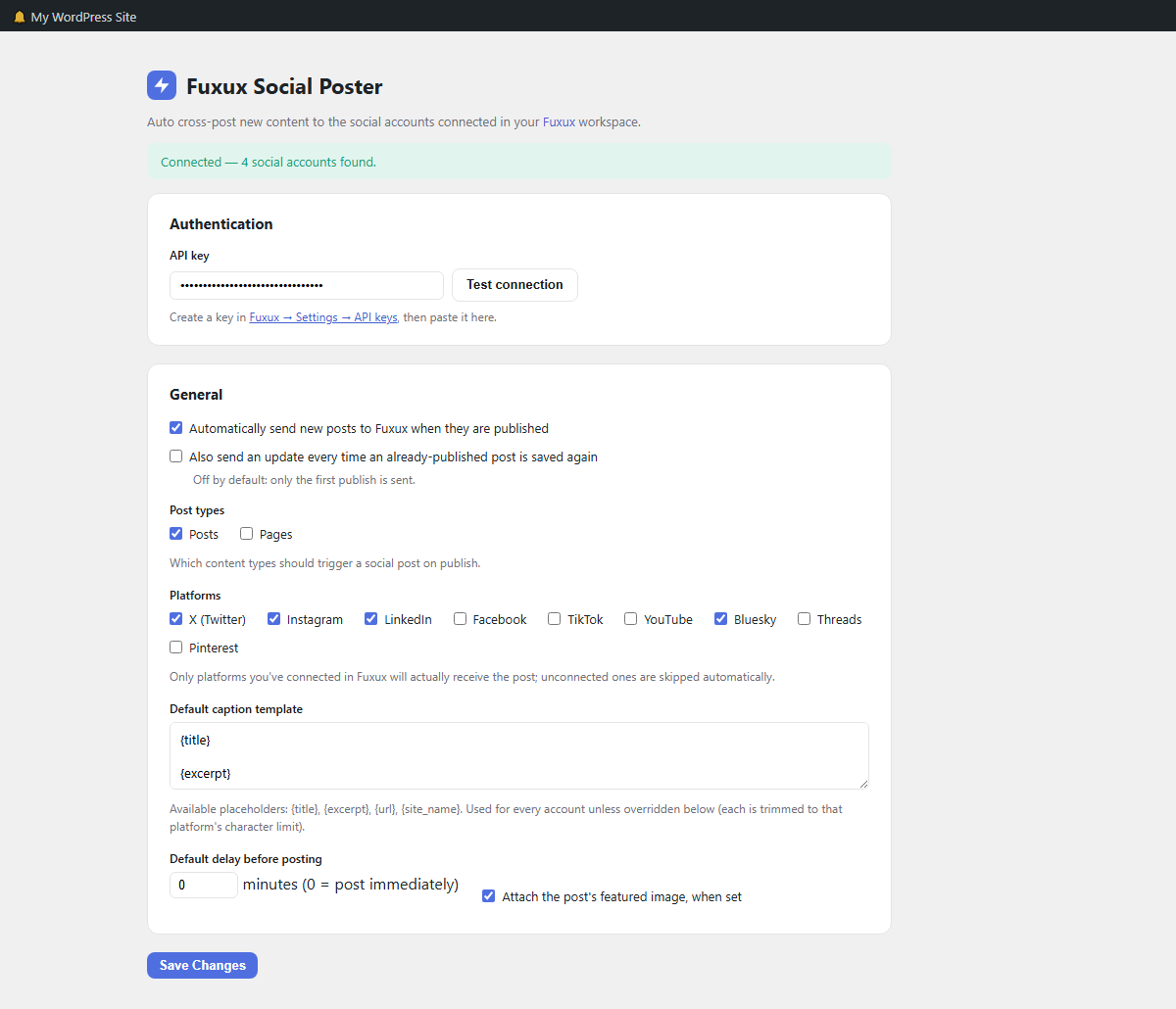 Settings — Authentication and General: paste your API key, choose which post types and platforms trigger a post, and set the default caption template.