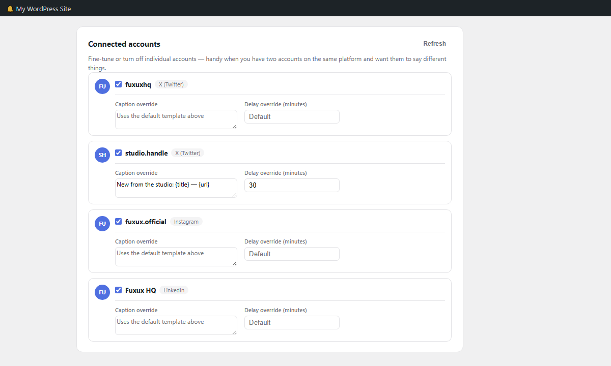 Settings — Connected accounts: turn individual accounts off, or give any of them their own caption and delay — including two accounts on the same platform saying different things.