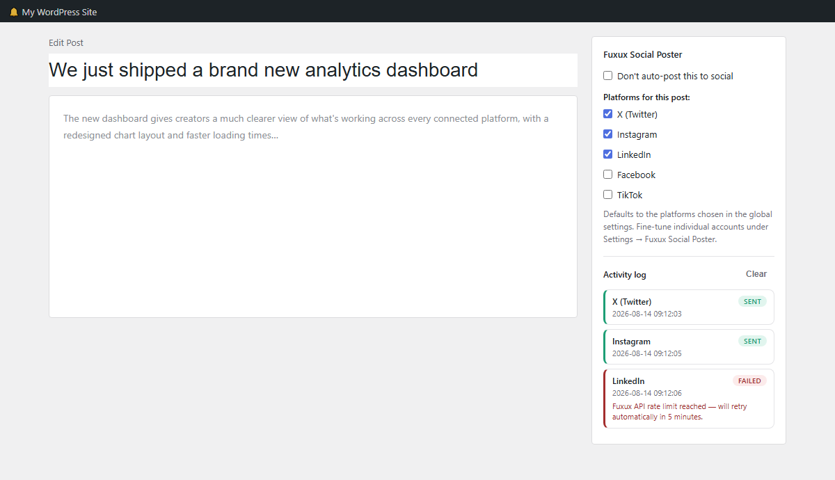 Post editor — the Fuxux Social Poster panel: skip auto-posting or pick different platforms for this one post, and see exactly what was sent (and whether it succeeded) in the activity log.