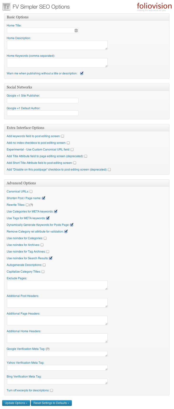 FV Simpler SEO options screen