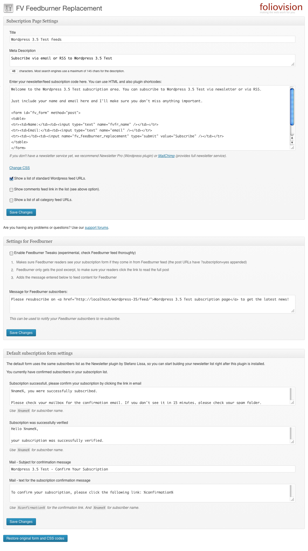 Plugin settings screen.